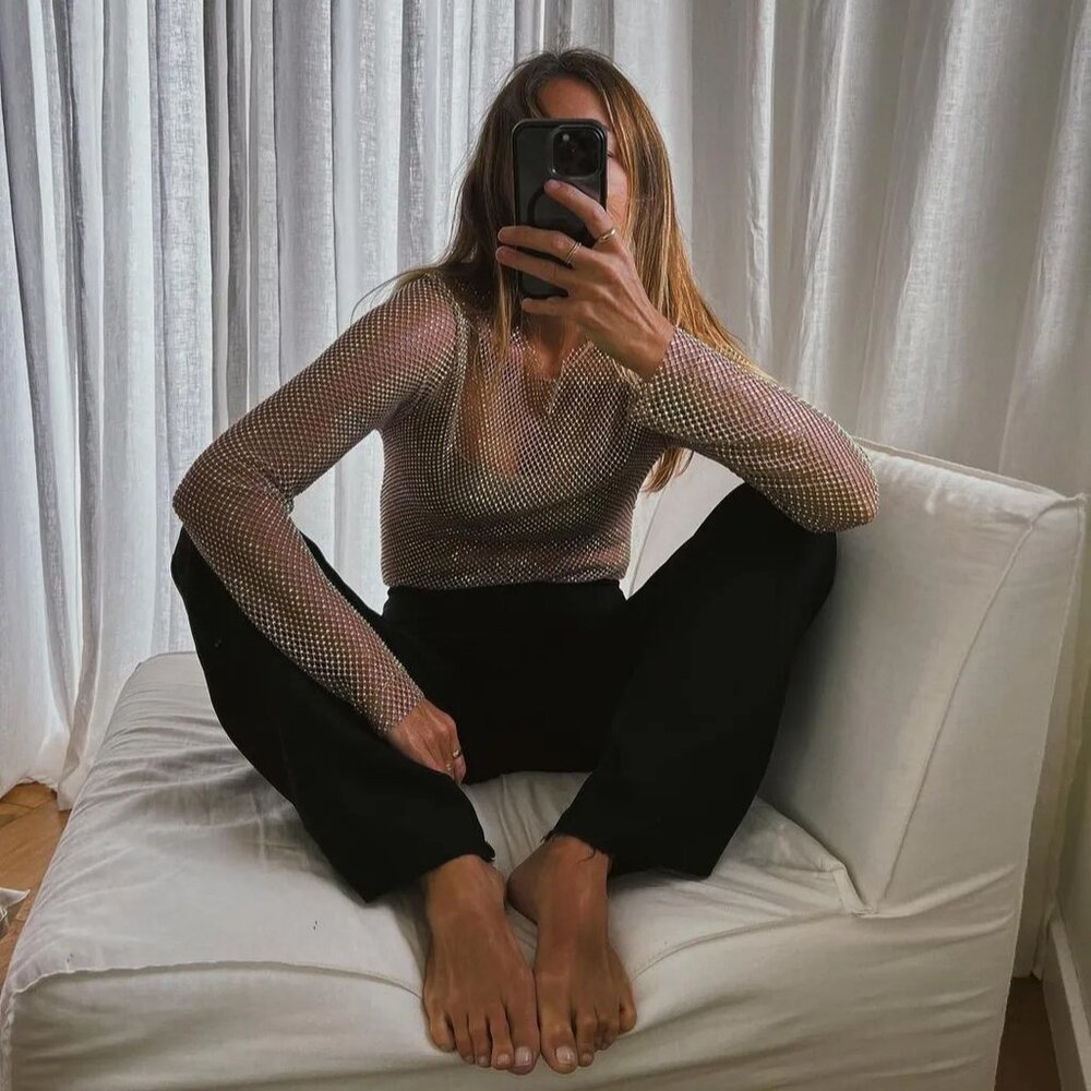 Free People Filter Finish Long Sleeve Embellished Mesh Top in Stone